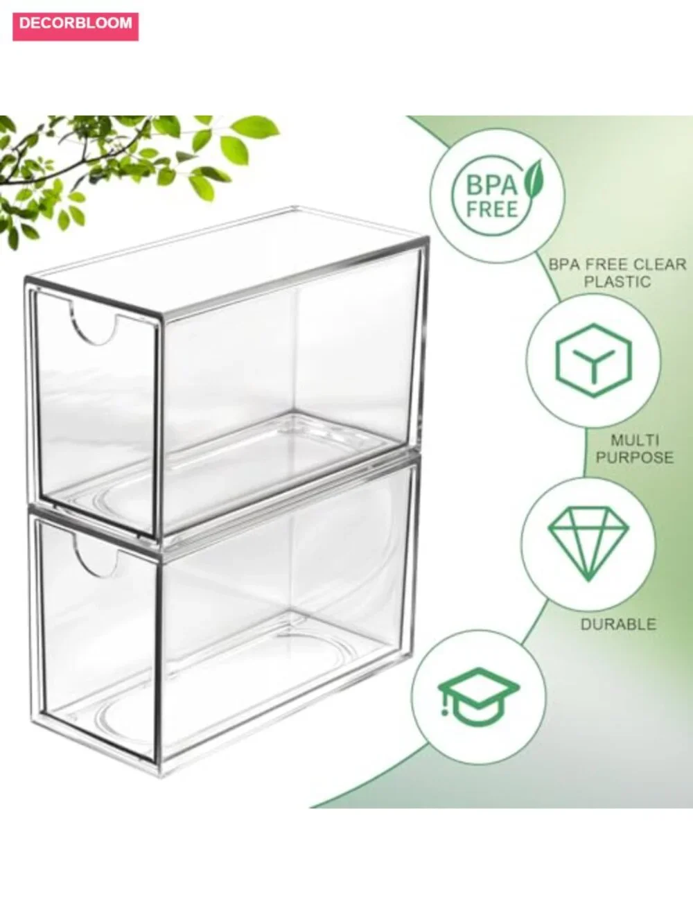 2 Pack Clear Plastic Drawer Organizer for Tea Bags, Stackable Storage, Kitchen